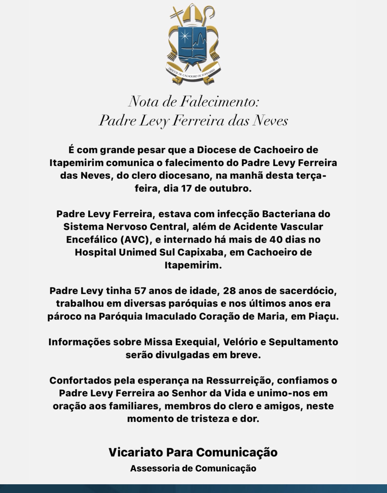Nota de Falecimento: Padre Levy Ferreira das Neves